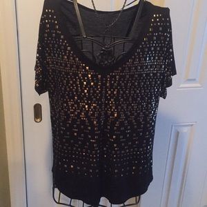 INC v-neck black shirt with gold color studs